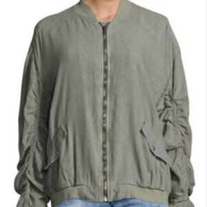 Linen Blend Bomber Jacket – Ruched Sleeves Back Lightweight Neutral  Large
